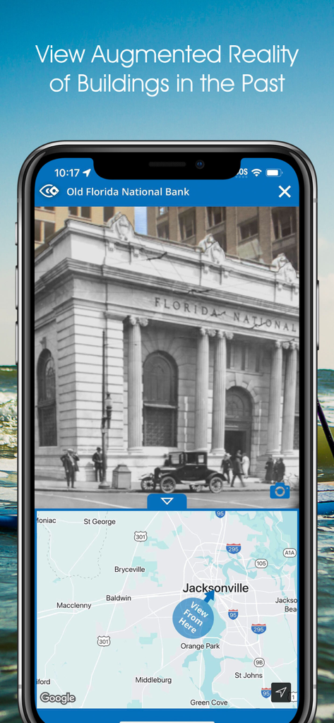 Visit JAX! - Augmented reality feature in the Visit JAX app showing a historical view of Old Florida National Bank alongside a map of Jacksonville