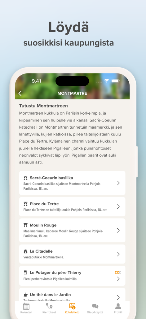 Aurinkomatkat - Aurinkomatkat mobile app interface displaying a destination guide for Montmartre in Paris with a list of local landmarks and activities