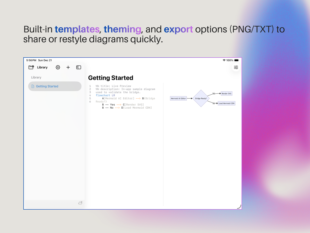 The Mermind app interface on iPad featuring a split-screen view with a text editor for Mermaid syntax on the left and a real-time flowchart preview on the right.