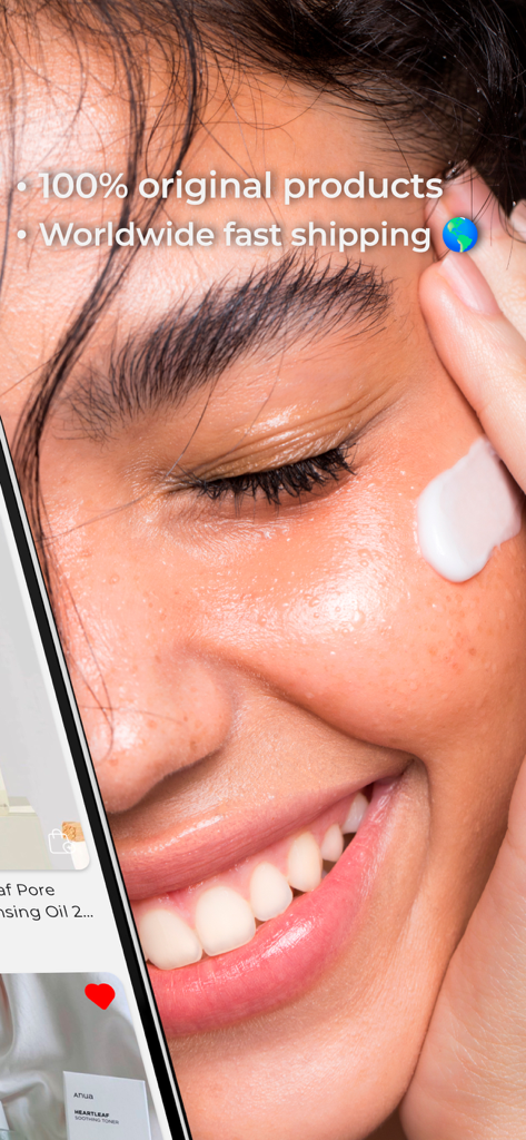 Skinsli: Korean Skincare - A close-up of a smiling woman with glowing skin featuring text about original products and worldwide fast shipping from the Skinsli app