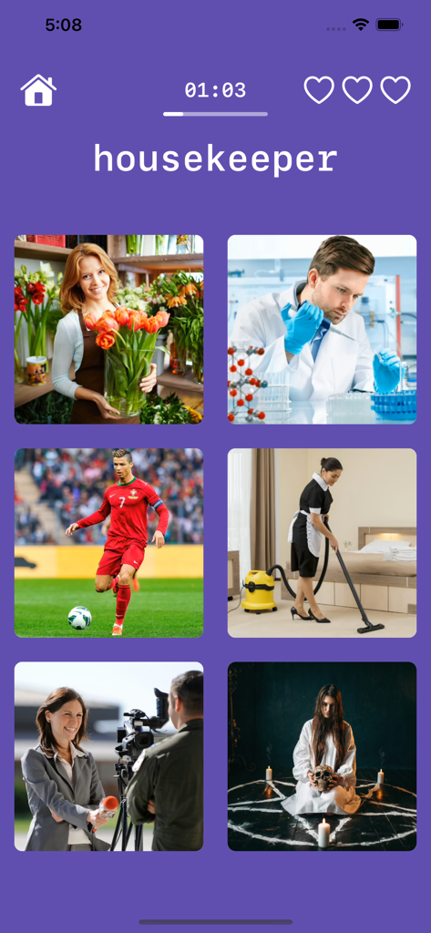 Learn English Playing Big Ben - A language learning game screen from the Big Ben English app asking the user to match the word housekeeper to the correct image