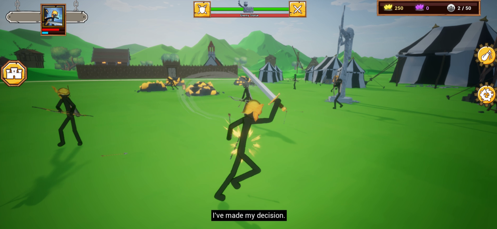 A 3D stickman hero holding a sword in a green field during a battle in Stick Infinite Kingdom.