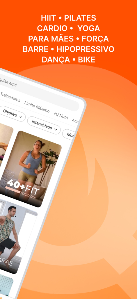 Queima Diária - Treino em Casa - Interfaz de la aplicación Queima Diaria que muestra categorías de entrenamiento como HIIT, Pilates, Yoga y más de 40 clases en video.