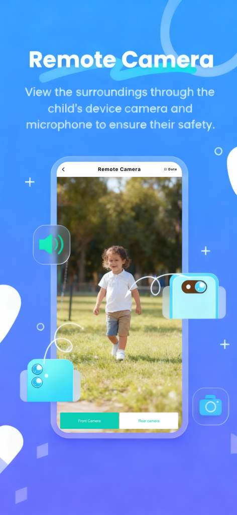 KidsLink Kids - A smartphone interface showing the KidsLink Kids remote camera feature viewing a child outdoors to ensure safety