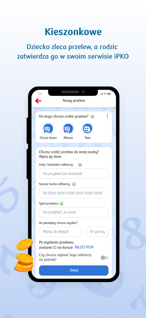 PKO Junior app screen showing a pocket money transfer interface for children