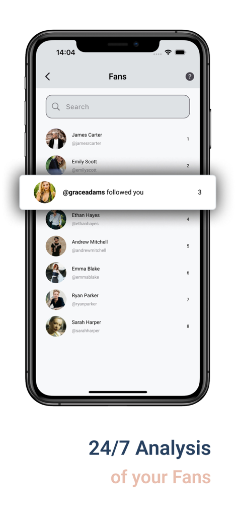 Interfaccia dell'app InstaFollow che mostra analisi dei fan in tempo reale e notifiche sui follower