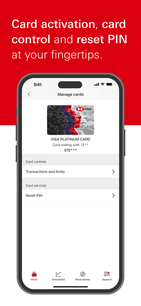 Interface de l'application mobile HSBC Inde pour l'activation de la carte et la réinitialisation du code PIN.