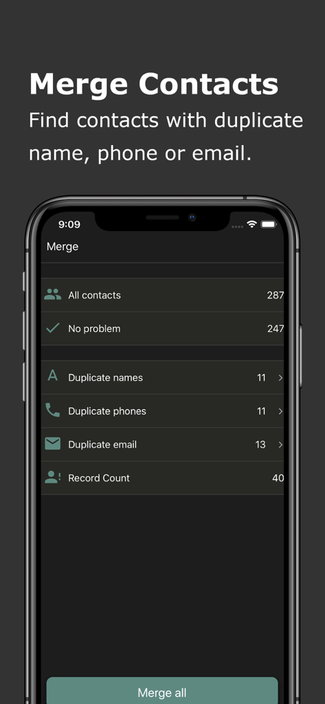 Export Contact to XLS PDF VCF - Interface for finding and merging duplicate contacts by name phone or email
