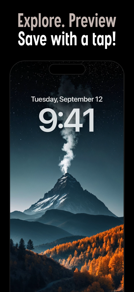 Pixs: Wallpapers & Backgrounds - iPhone lock screen featuring a high-quality volcano landscape wallpaper