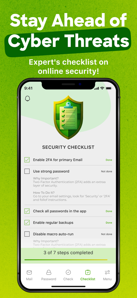 Ein Screenshot der Digital Armor App, die eine Sicherheitscheckliste mit verschiedenen Schutzschritten anzeigt