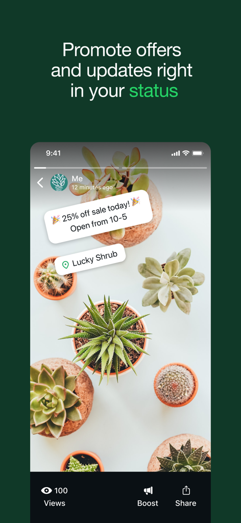 Un aggiornamento di stato di WhatsApp Business che promuove una svendita del 25% per una piccola impresa
