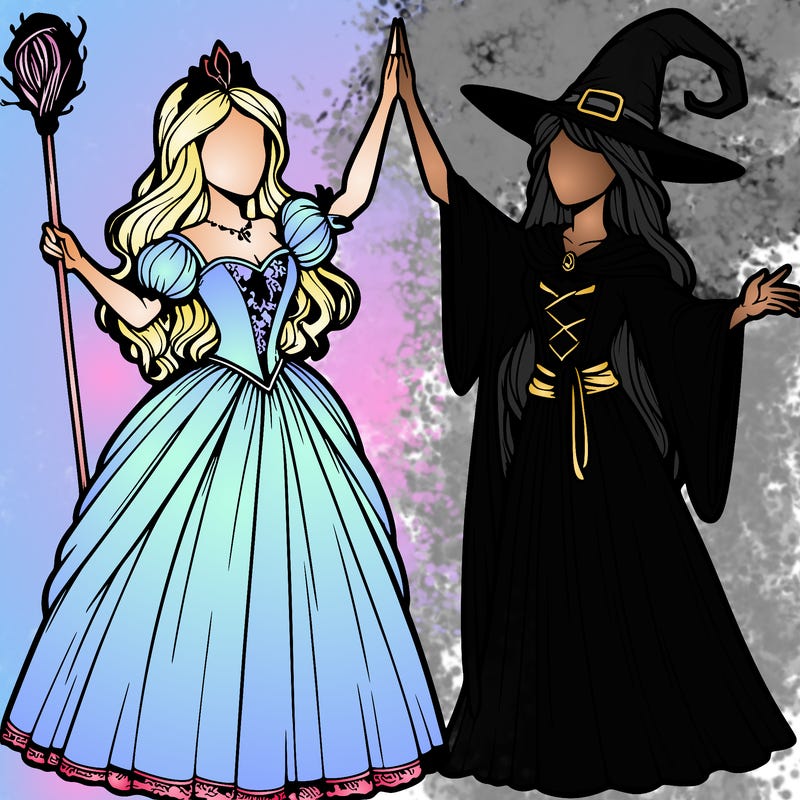 detailed realistic split of a princess and a witch