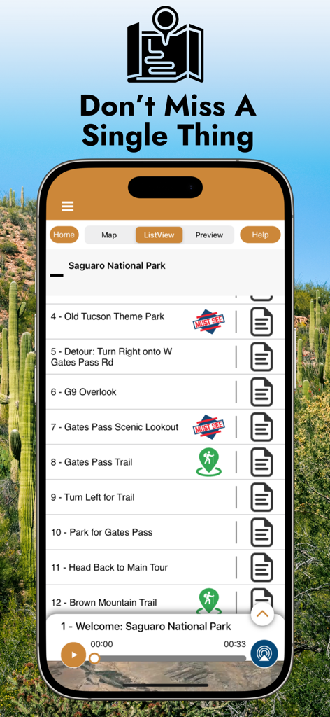 Saguaro National Park Guide - A list view of tour stops and must-see locations within the Saguaro National Park Guide mobile application.