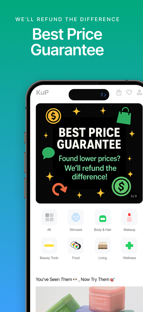 KuP – Shop & Deliver to Hotel - KuP mobile app interface displaying a best price guarantee banner and product categories like skincare and food.