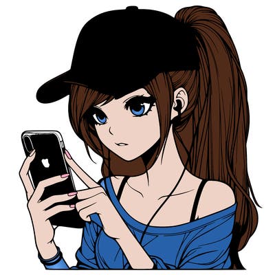 realistic girl with a long ponytail and trucker hat holding an iphone