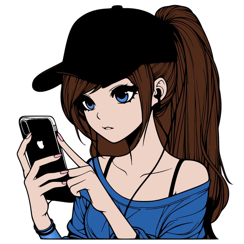 realistic girl with a long ponytail and trucker hat holding an iphone
