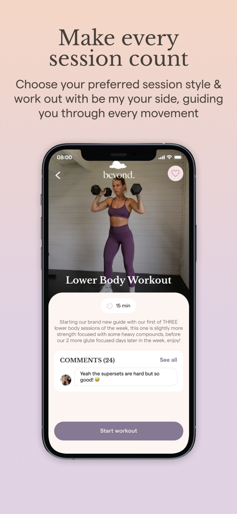 Beyond App screen showing a lower body workout session led by Meggan Grubb with a community comments section