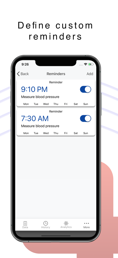 iPhone screen showing a list of daily custom reminders to measure blood pressure in the Blood Pressure H plus app