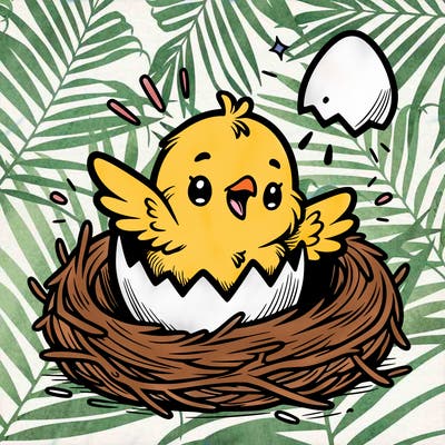 a baby chick hatching from an egg in a nest