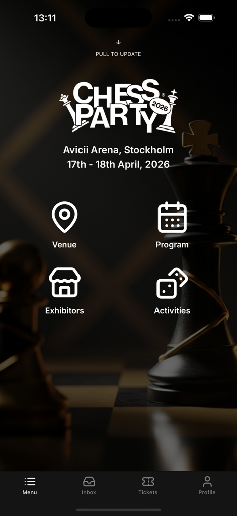 Chessparty 2026 - Chessparty 2026 app home screen showing event menu and Stockholm festival details