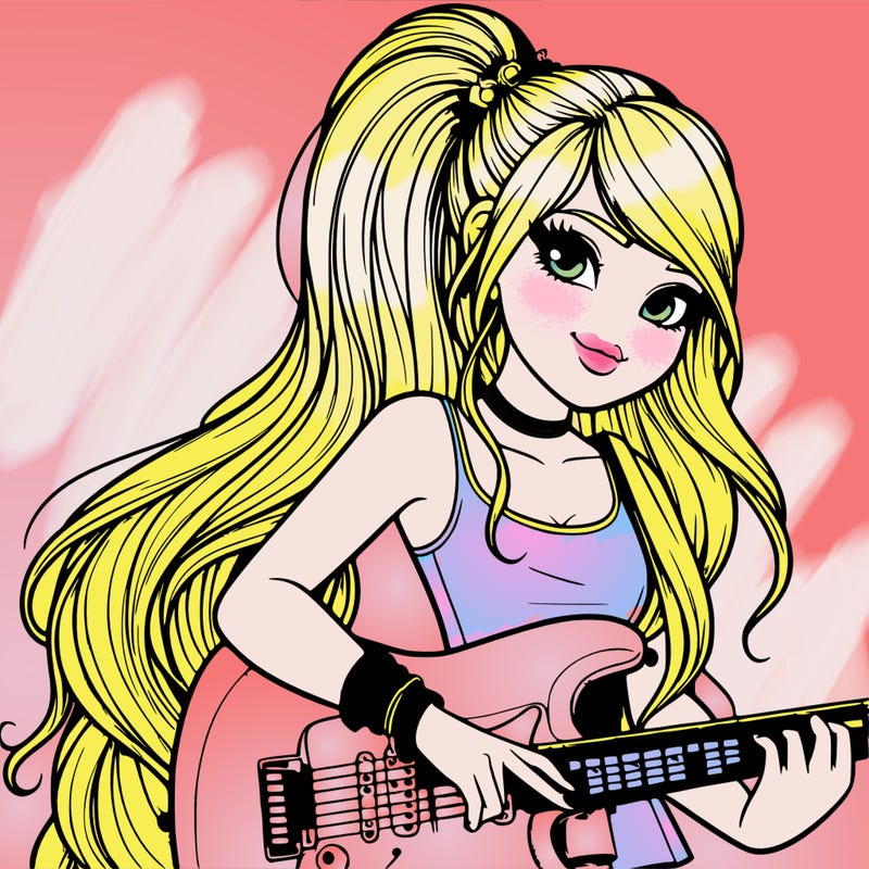 realistic girl with a really long ponytail playing the electric guitar