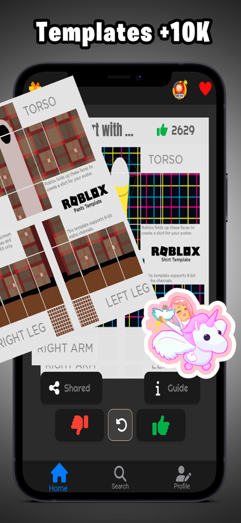 Templates Skins for Roblox - A collection of clothing templates for Roblox shirts and pants displayed in the mobile app maker