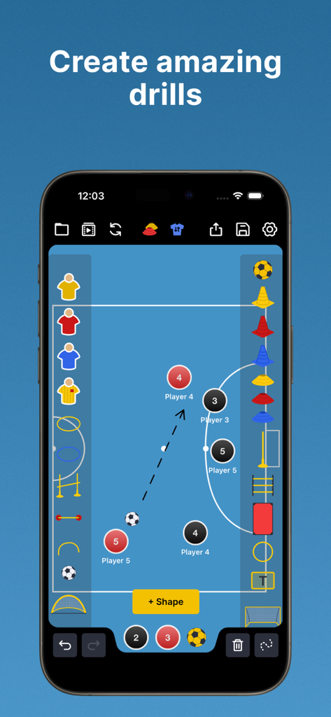 Interface d'application d'entraînement de futsal pour la création d'exercices tactiques avec icônes de joueurs et équipements d'entraînement