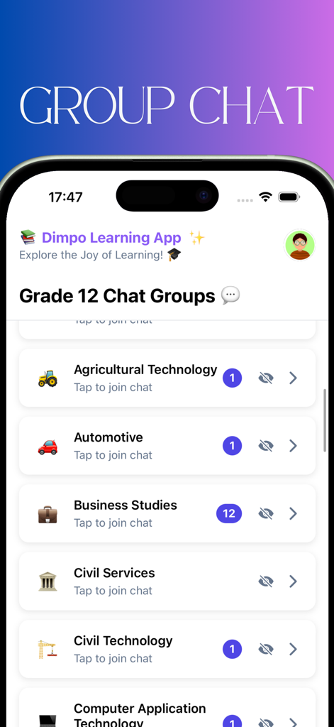Oberfläche der Dimpo Lern-App, die fachbasierte Gruppenchaträume für Schüler der 12. Klasse zeigt, einschließlich Betriebswirtschaft und Agrartechnologie