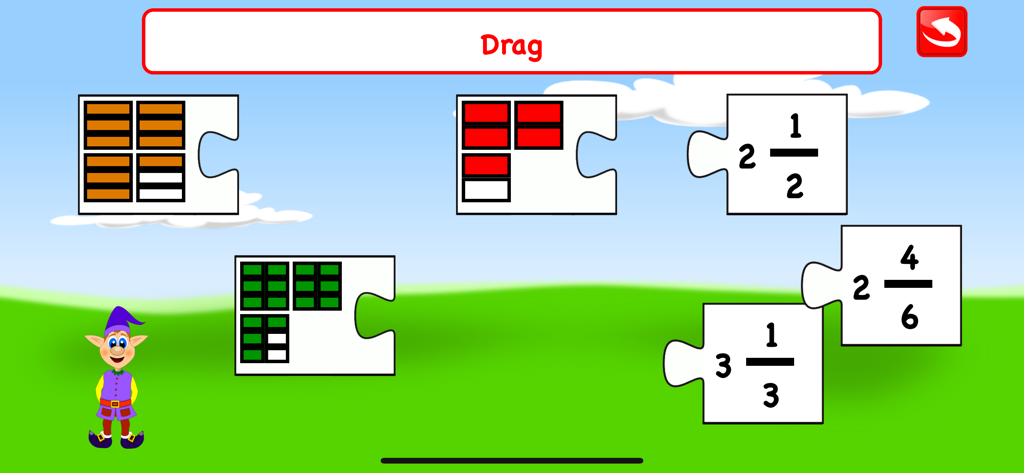 Fifth Grade Math Games Kids - Juego educativo de matemáticas para estudiantes de quinto grado que empareja fracciones visuales con números mixtos en un rompecabezas.
