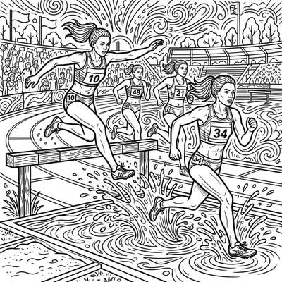 Capture the energy of the track with this exhilarating steeplechase athletes coloring page, featuring runners in mid-action over hurdles and through water. Perfect for sports enthusiasts, this detailed illustration promises a vibrant and engaging coloring experience.