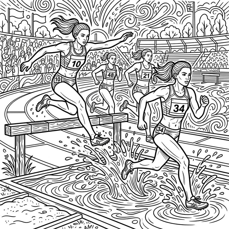Capture the energy of the track with this exhilarating steeplechase athletes coloring page, featuring runners in mid-action over hurdles and through water. Perfect for sports enthusiasts, this detailed illustration promises a vibrant and engaging coloring experience.
