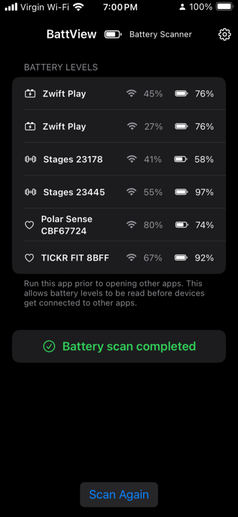 BattView - BattView app dashboard displaying battery levels and signal strength for connected Bluetooth fitness devices