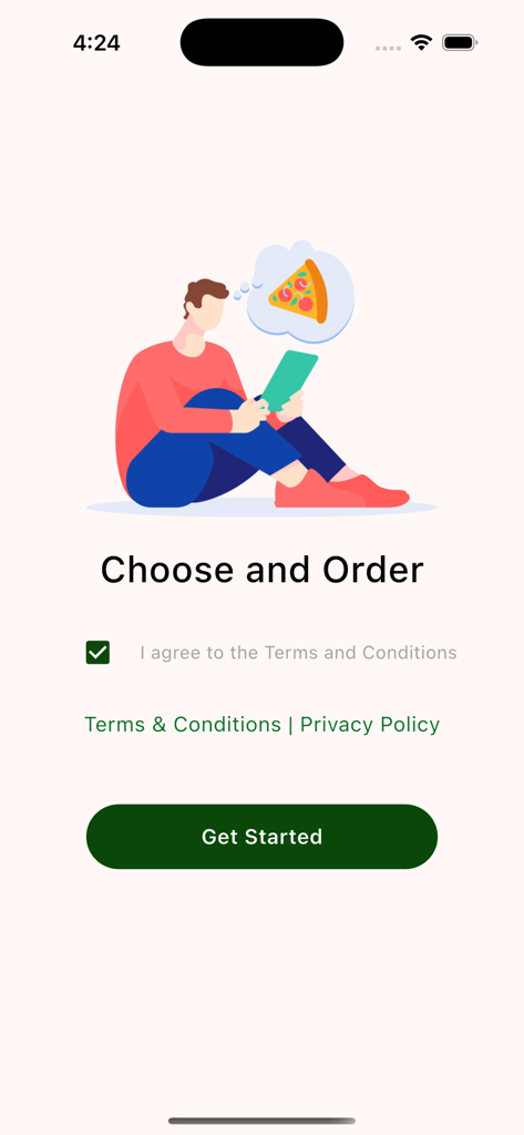 Onboarding screen of Alberto's Pizza Shop app featuring an illustration of a person ordering pizza on their phone with a Get Started button.