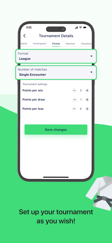 PlayoffZone: Tournament maker - A mobile screen from PlayoffZone showing tournament format options including league settings and points configuration.