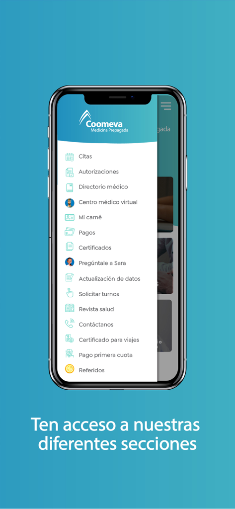 Mobile screen showing the navigation menu of the Coomeva MP app with various health and administrative services