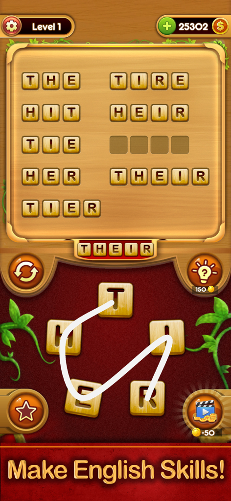 Juego de Word Connect que muestra letras deslizándose para formar palabras en un tablero de madera.