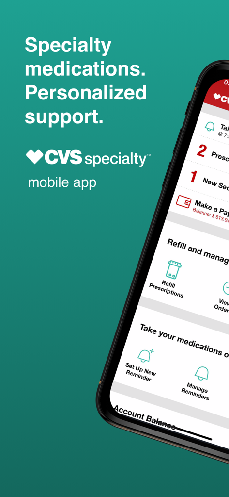 CVS Specialty mobile app interface for managing complex medications and pharmacy services