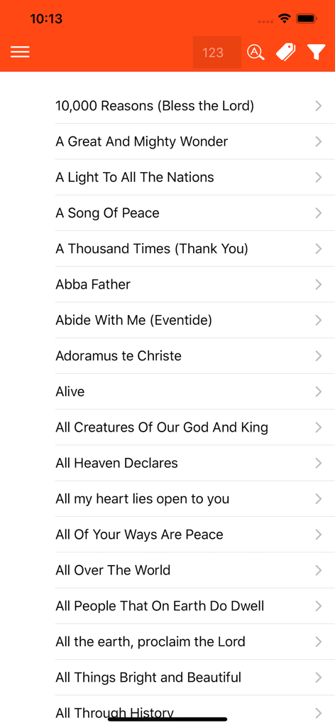 An alphabetical list of Christian worship songs and hymns within the mobile app