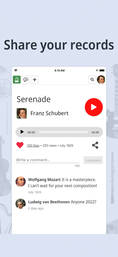 A mobile app interface titled Share your records showing a recording of Serenade by Franz Schubert with user comments and a play button.