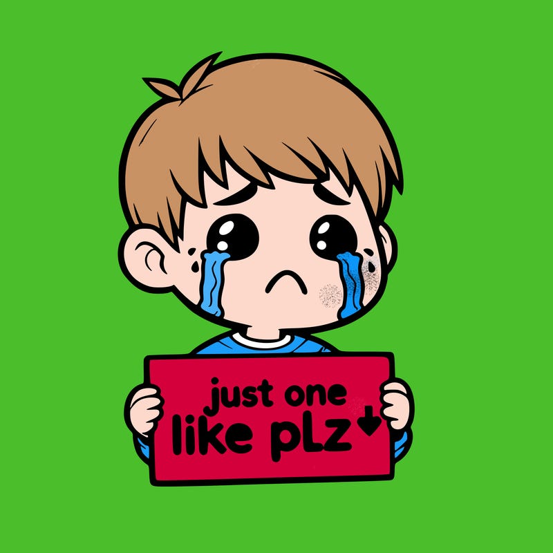 realistic crying boy with a sign saying just one like plz