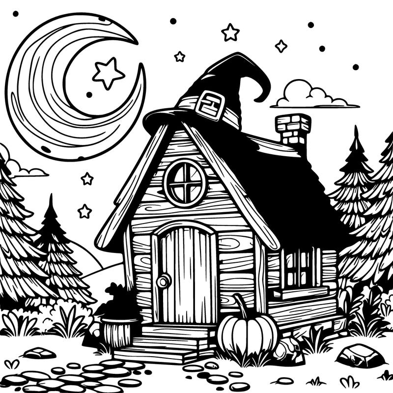 cartoon witch cabin with realistic background and a crescent moon