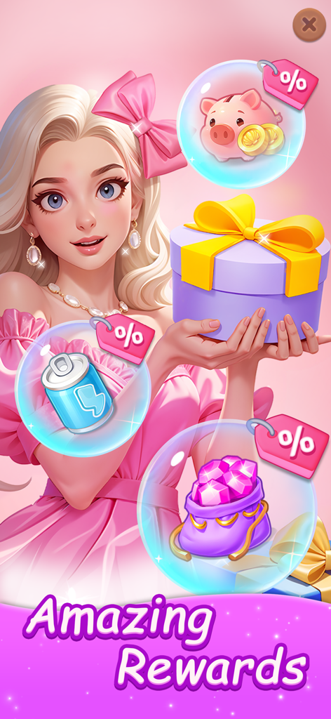 Merge Fashion: Romance Story - Blonde female character in a pink dress holding a gift box surrounded by game rewards like gems, coins, and energy