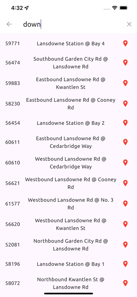 Vancouver Transit Live - Les résultats de recherche dans l'application Vancouver Transit Live affichent une liste d'arrêts de bus près de la gare de Lansdowne.