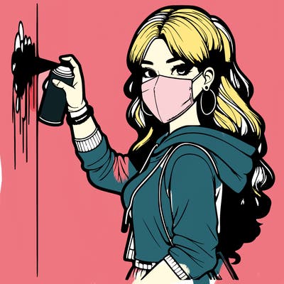 realistic girl with mask spray painting a wall