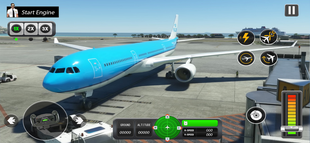 A blue commercial passenger plane parked at an airport gate with flight simulation interface controls visible on the screen.