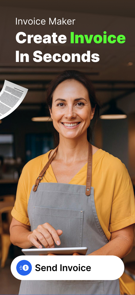 Invoice Generator: Fast Bills - Un propietario de pequeña empresa usando una tableta para crear una factura profesional en segundos