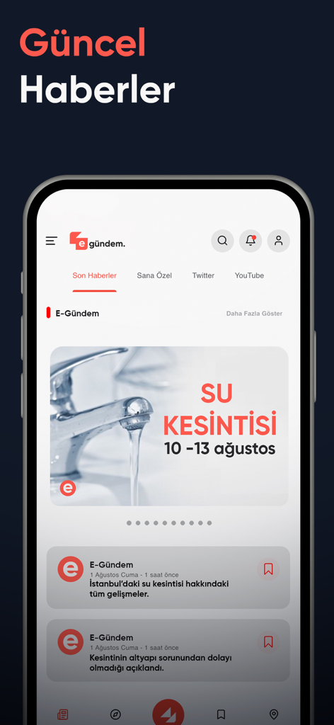 Interface of the eGundem mobile app showing Turkish breaking news and local alerts