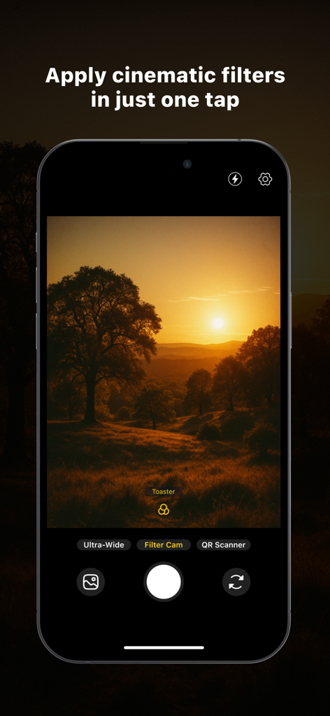 Una foto de paisaje al atardecer con un filtro cinemático aplicado dentro de la interfaz de la aplicación de cámara