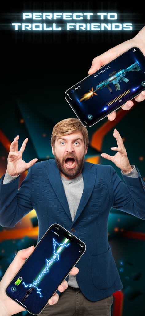 A man looking shocked as two phones display a firing AK Voltaic gun and a glowing lightsaber from the sound effects simulator app.