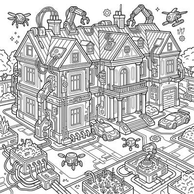 Step into a futuristic landscape with this unique coloring page featuring a grand country mansion reimagined with a cyberpunk twist. Discover intricate details like robotic enhancements, glowing wires, and sleek vehicles, ready for your creative touch.